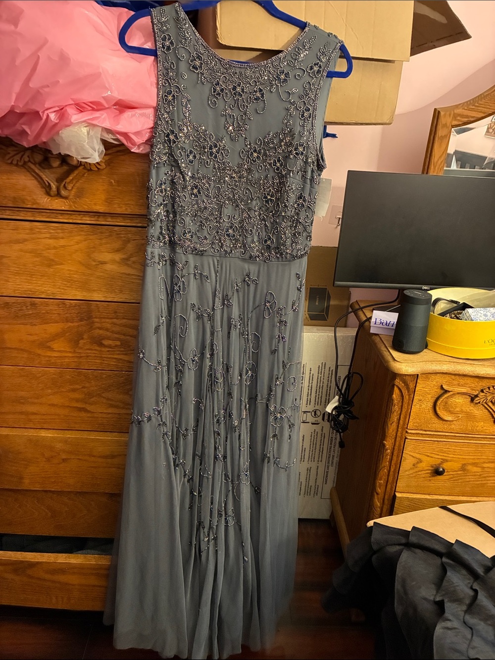 Pisarro Nights Beaded Gray Maxi Dress